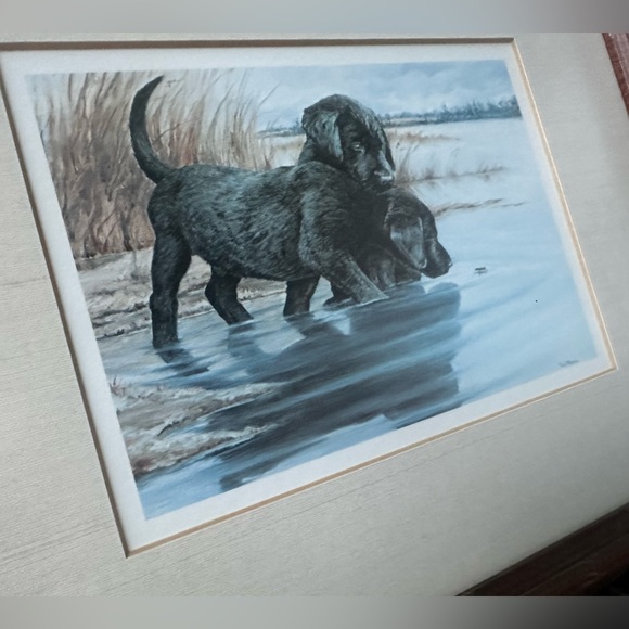Vintage Tara Moore Lab Pups Framed Print 2 Labrador Puppies and water bug Signed - Picture 5 of 14